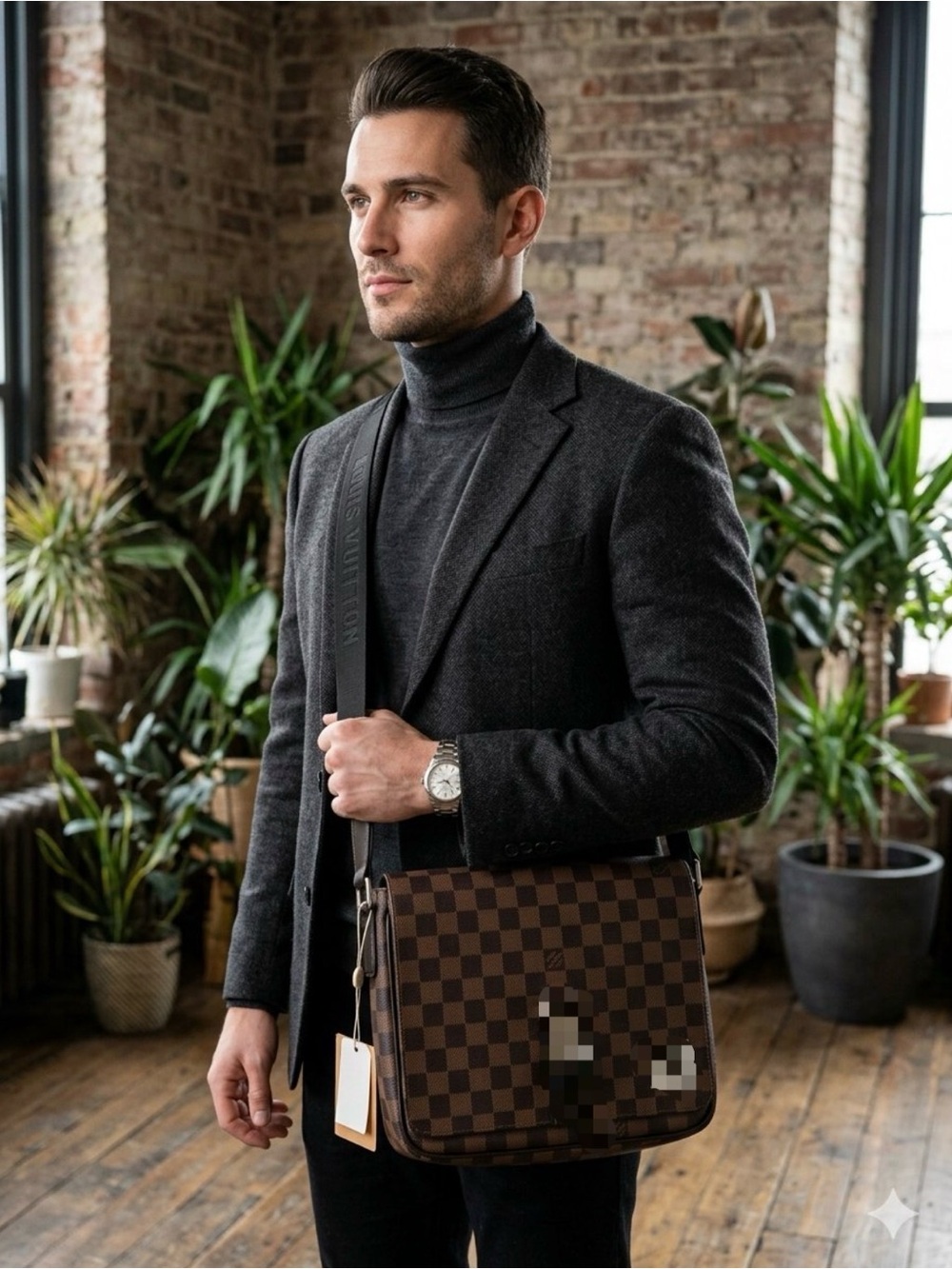 Unisex Brown Checkerboard Messenger Bag with Adjustable Strap
